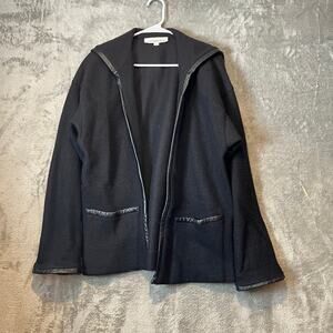 Caroline Rose Size Large 100% Wool Cardigan‎ Jacket Leather Trim Black